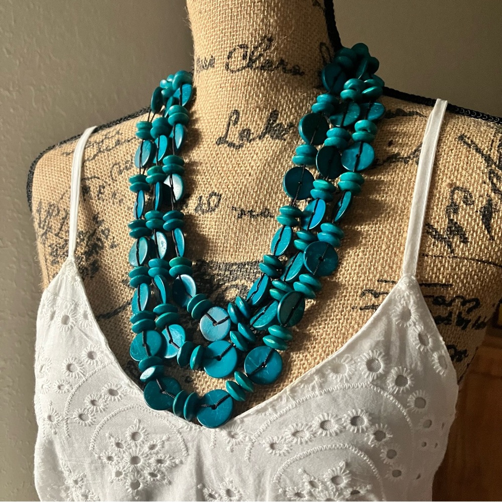 Blue - green multi strand wooden necklace